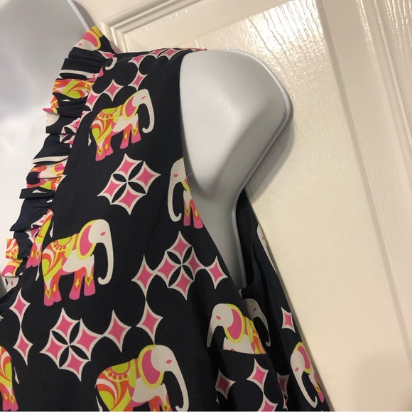 Crown & Ivy Elephant Shift Dress Blue Ruffle Collared Sleeveless V-neckline 6P - Picture 7 of 10